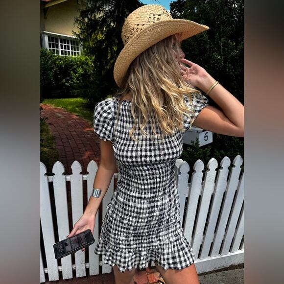 Doen Rizzo Linen Smocked Boat Neck Short Puff Sleeve Mini Dress Marilyn Gingham - Picture 7 of 16